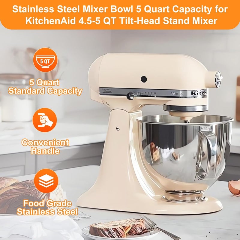 CHUDODO 5QT Food Grade Stainless Steel Mixer Bowl, Compatible with KitchenAid Series 4.5-5QT Tilt-Head Mixers, Suitable for K45SS, KSM75, KSM90, KSM100, KSM150, Dishwasher Safe, Heavy Duty, No Residue - Image 2
